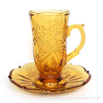 Glass Cup and Saucer Set with Color Sprayed Processing and Pattern on Glass